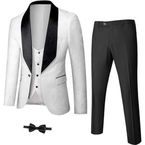 Heren 3-delige luxe smoking set jacquard slim fit sjaal revers jas vest en broek premium smoking voor mannen, Wit, S