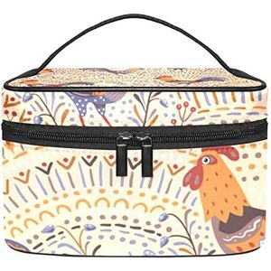 Schattige haan kippen in beige bloemen ornament make-up tas voor vrouwen meisjes cosmetische tassen met handvat reizen make-up organizer tas, Schattige haan kippen in beige bloemenornament, 8.9x5.9x5.4 Inches, Make-up zakje
