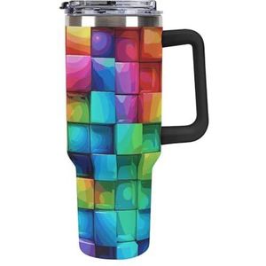 STVNKML 40 oz beker met handvat regenboog kleur plaid-png roestvrijstalen koffiemok herbruikbare reismok lekvrije geïsoleerde autobeker grote capaciteit beker voor reizen, buiten, thuisgebruik (zwart)