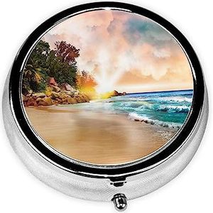 Tropisch Strand Zonsondergang Gedrukt Pil Organizer Pil Doos Pil Case Draagbaar voor Portemonnee Pocket Ronde Metalen Pil Houder Organizer voor Dagelijkse Geneeskunde