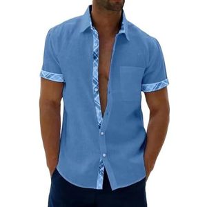 LQHYDMS Heren T-shirt Single Breasted Tops Heren Korte Mouw Patchwork Blouse Zomer Open Stitch Casual Shirts Kleding Plus Size S-5Xl, Blauw, XXL