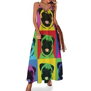 Mopshond Pop Art Repeating Squares dames zomer maxi-jurk V-hals mouwloze spaghettibandjes lange jurk