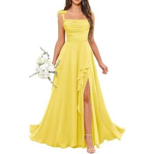 Dames chiffon bruidsmeisjes jurken met split lange galajurken ruches cocktailjurk plus size, Geel, 32