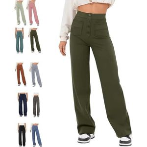 BAWUTZ Casual stretchbroek met hoge taille voor dames, rechte broek met hoge taille met zakken, casual stretchbroek, super elastische hoge taille, rechte broek