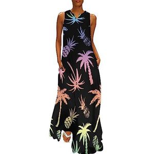 Palmbomen en ananassen dames enkellengte jurk slanke pasvorm mouwloze maxi-jurken casual zonnejurk 4XL