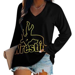 Wrestling Casual T-shirts met lange mouwen voor dames, V-hals, bedrukte grafische blouses, T-tops, L