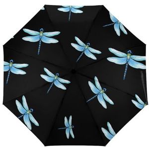 Blauwe Libelle Paraplu Winddicht Sterke Reizen 3 Vouw Paraplu Voor Mannen Vrouwen Automatische