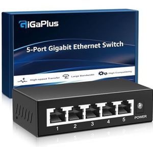 GiGaPlus 5-poorts Gigabit Ethernet-switch Onbeheerd, netwerk-Ethernet-splitter, desktop- of wandmontage, ventilatorloos, plug-and-play, metalen behuizing, minibehuizing