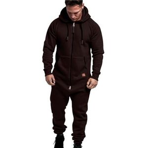 EflAl Onesie voor heren, jumpsuit met capuchon, extra groot, overall, eendelig pak, met ritssluiting, casual, effen gekleurd, eendelig joggingpak, nachtkleding, kleur bruin, maat L