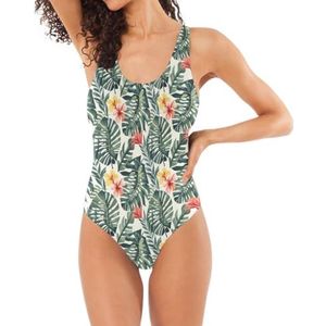 Klassieke Badpakken uit één stuk voor vrouwen tropisch gebladerte wit U-vormige rug buikcontrole, Tropisch Gebladerte Wit, S