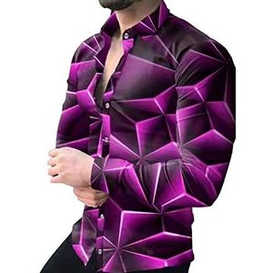 Mens Bloemen Jurk Shirts,Heren Losse Shirts Met Lange Mouwen Paars Driedimensionaal Driehoekspatroon Shirt Mannen Mode Casual Button Down Shirt Van Toepassing Op Bruiloft Prom Performing Concert, 3X