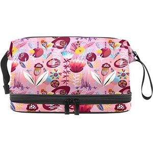Roze Bloemen Make-upzak Dubbele Laag Ruime Cosmetische Zakken voor Vrouwen en Meisjes Reizen Draagbare Toiletry Pouch met Rits, Meerkleurig, 27x15x14 cm/10.6x5.9x5.5 in, Make-up zakje