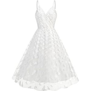 UPPJPBSW Dames Vintage Elegante Tule Swing Jurk met Spaghettibandjes, V-Hals en Vlinderapplicaties, Perfect voor Cocktailparty of Prom,Wit,L