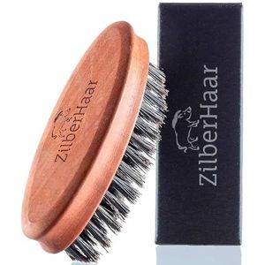 ZilberHaar Baardborstel voor op reis, stijf, varkenshaar en perenhout, maakt baarden recht en verzorgt ze, ideaal voor baardolie en balsems, reisaccessoires voor toilettas voor heren, Duitse kwaliteit