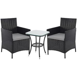 SVITA Brooklyn Bistro tuinmeubelset, 3-delig, rotan, outdoor, tuinlounge, terras, balkon, tuin, zitgroep met 2 stoelen en tafel, zwart
