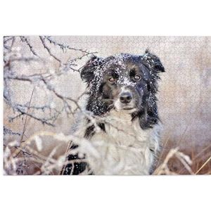 Border Collie Winter Sneeuwwitje Zwarte Honden, Puzzel 1000 Stukjes Houten Puzzel Familiespel Wanddecoratie