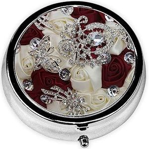 Witte Zijde Roos Bloemen Gedrukt Pil Organizer Pil Doos Pil Case Draagbaar voor Portemonnee Pocket Ronde Metalen Pil Houder Organizer voor Dagelijkse Geneeskunde
