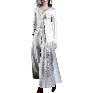 A&M Express Trenchcoats voor dames, coole zilveren glanzende extra lange jas, reflecterende PU-lederen jas met capuchon, Zilver, L