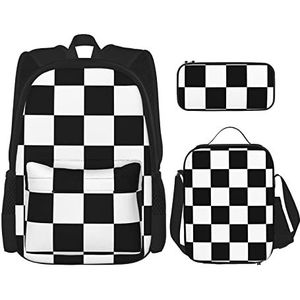 CARRDKDK Zwart wit race geruite vlag bedrukte rugzak 3-delige set schooltassen boekentas met lunchbox en etui set voor jongens meisjes, Zwart Wit Race Geruite Vlag, Eén maat, Modern design