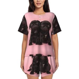 EdWal Leuke Zwarte Pug Print Vrouwen Pyjama Sets Lounge Wear Set Zachte Loungewear Korte Mouwen Pjs En Shorts, Zwart, 4XL