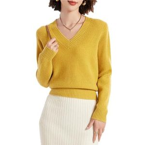 Wollen Trui V-hals Lange Mouwen Luie Stijl Comfortabele Casual Gebreide Vrouwen, Geel, L