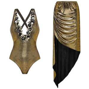 HFYRBDKSPI Eendelig damesbadpak met cover-up wrap lange rok strand glanzende badmode tweedelig badpak,Goud,M