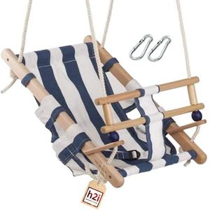 h2i Babyschommel met bevestigingsriem, kinderschommel van weerbestendige stof, schommel voor binnen en buiten, schommel voor baby's en peuters, blauw-wit