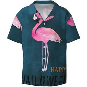 OdDdot Halloween Flamingo Heks Hoed Print Heren Jurk Shirts Atletische Slim Fit Korte Mouw Casual Business Button Down Shirt, Zwart, M