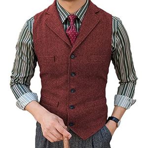 Tuikayoo Herenpak, vest, slim fit, wollen jurk, tweed herringbone voor getuige, bordeaux, XXL