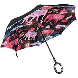 RXYY Winddicht Dubbellaags Vouwen Omgekeerde Paraplu Roze Olifanten Vlinder Bloemen Waterdichte Reverse Paraplu voor Regenbescherming Auto Reizen Outdoor Mannen Vrouwen