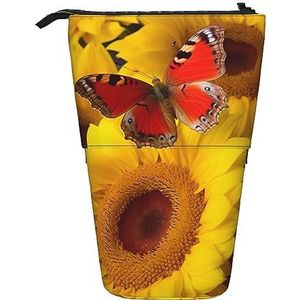 RLDOBOFE Gele Zonnebloemen met Rode Vlinder Print Potlood Tas Stand-Up Intrekbare Potlood Doos Organizer Pen Houder Opbergtas Cosmetische Tas Voor Kantoor Kerst Vakantie Gift, Zwart, Eén maat