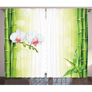 ABAKUHAUS Spa Gordijnen, Orchids bamboetakken, Woonkamer Slaapkamer Raamgordijnen 2-delige set, 280 x 245 cm, White and Green
