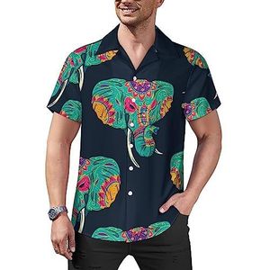 Kleurrijke Indiase olifant mannen casual button-down shirts korte mouw Cubaanse kraag T-shirts tops Hawaiiaanse T-shirt M