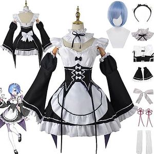 Anime Rem Ram Cosplay Kostuum Outfit Re Life In A Different World From Zero Maid Jurken Uniform Volledige Set Halloween Party Dress Up Pak met Pruik voor Vrouwen Meisjes (M)