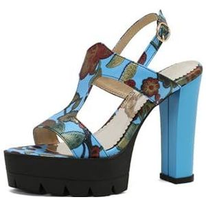 HFIRHfgj 12CM Bedrukte Dames Open Teen Waterdicht Platform Grove Hak Sandalen,Blauw,34 EU