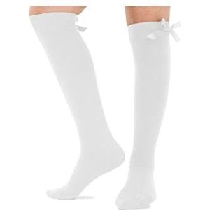 LE11 -3 paar meisjes boog knie hoge sokken, wit grijs zwart marine knie middelbare school sokken met linten strikken, Wit, 6-9