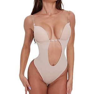 Vrouwen Diepe V-hals Clear Bandjes Bodysuit Backless Body Shaper Ondergoed met Beha Body Shaper voor Party/Bruiloft,Flesh,M