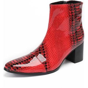 Dcbdx Heren rode lakleren laarzen met Cubaanse hak en reptielenmotief, Chelsea enkellaarsjes en chukka's met rits aan de zijkant,Rood,37 EU