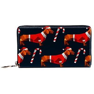 Vrouwen Zip Rond Portemonnee en Telefoon Clutch, Teckel en Candy Riet Patroon, Reizen Portemonnee Lederen Clutch Bag Kaarthouder Organizer Polsjes Portefeuilles, Meerkleurig, 8.07x1x4.53 in