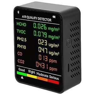 Binnenluchtkwaliteitsmonitor, gasdetector, 6 In 1 Multifunctionele Draagbare Luchtkwaliteit Detector PM2.5 PM10 HCHO TVOC CO CO2 Formaldehyde Monitor LCD Scherm voor thuiskantoor school(Nero)