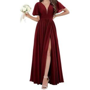 Chiffon bruidsmeisjesjurken voor dames, voor bruiloft, met split, avondgalajurken, cocktailjurken, grote maten, Bordeaux, 32
