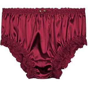 Satini Satijn Kant met ruches Sissy French Knickers Broekje Satijnen broekjes Ondergoed (Wijnrood, M)