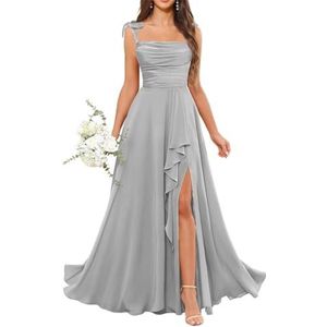 Dames chiffon bruidsmeisjes jurken met split lange galajurken ruches cocktailjurk plus size, Zilver, 32