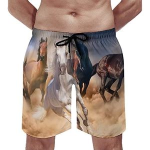 Paarden in de woestijn zandstorm strandshorts voor heren, sneldrogende boardshorts met gaasvoering, strandbroek, gym zwembroek, XS