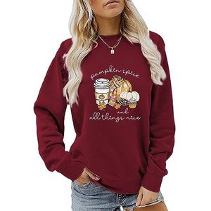 MLZHAN Pompoen Spice And All Things Nice Sweatshirt Vrouwen Halloween Grappige Pompoen Koffie Print Herfst Winter Gift Sweatshirt, Wijn Rood, M