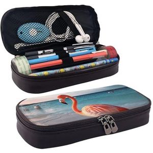 KLLTYHMU Lederen Etui Organizer Grote Capaciteit Potlood Pouch Opbergtas Met Compartimenten Leuke Potlood Tas Franse Bulldog Roze Bril Pen Doos Draagbare Cosmetische Make-up Tas Organizer, Flamingo op