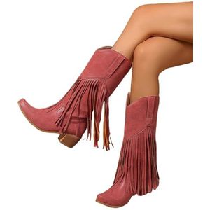 Hoge Laarzen for Dames Met Franjes Retro Western Cowboylaarzen Halfhoge Laarzen Met Vierkante Neus En Blokhak Herfst Winter Suède Laarzen Met Lange Schacht 2025 Lente Instappers(Red,43 EU)