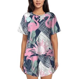 Roze Flamingo En Bladeren Print Vrouwen Zomer Zachte Tweedelige Bijpassende Outfits Korte Mouw Pyjama Lounge Pyjama Sets, Zwart, M