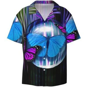 TyEdee Overhemden voor heren, met vlinderprint, korte mouwen, met zak, casual, button-down shirts, zakelijk overhemd, Zwart, XXL