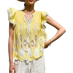 CakfLjkhl Dames Zomer Schattige Tanktop Mouwloos Ruche Bloem Kant Holle Out Stropdas Nek Casual Shirts Blouse,Geel,L